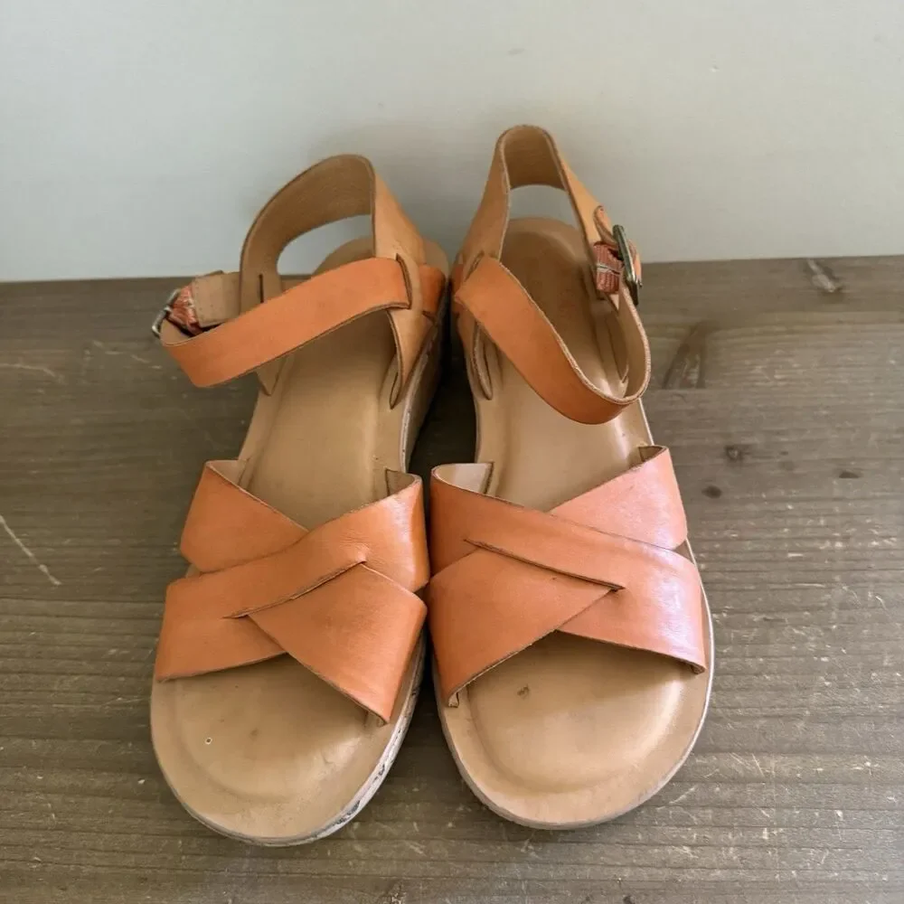 KORK EASE Orange Leather Platform Cork Heel Sandals Women Size 8